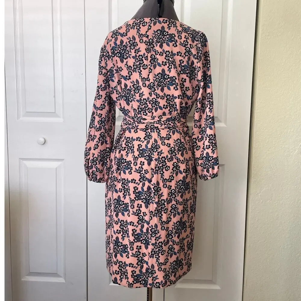 J. Crew Floral Pink Crepe 3/4 Sleeve V-Neck Knee Length Wrap Dress • Size 6 🗣 - Picture 4 of 4